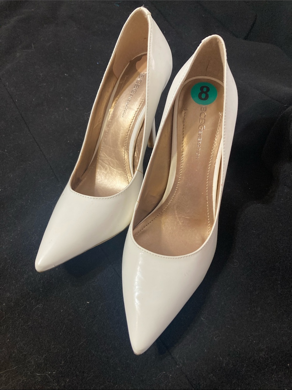 BCBGeneration White Pointed Patent Stiletto Pumps